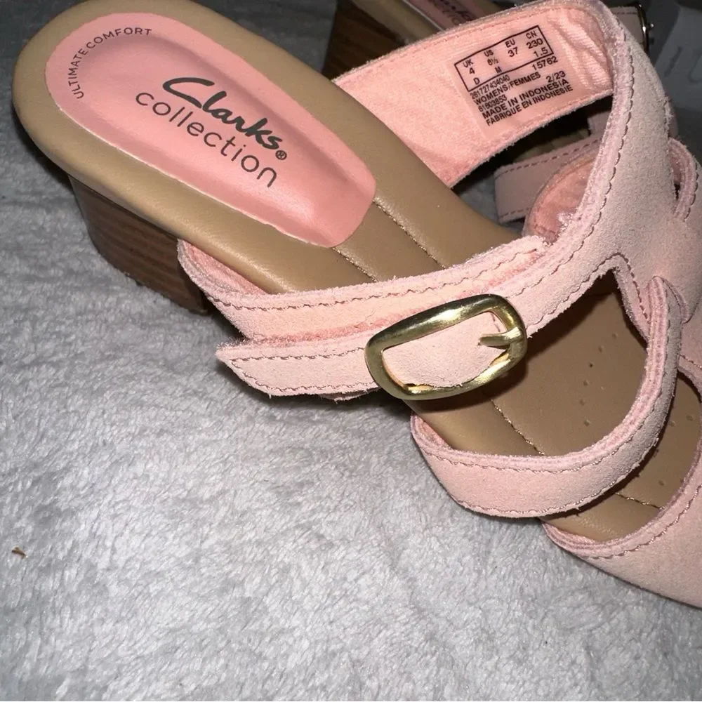 Clarks Heeled Slide Sandals Desirae Palm in powder pink  Suede Size 6.5